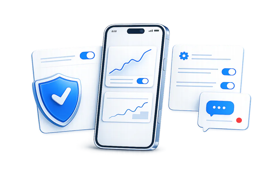 Privacy, thoughtful design, sustainability, and support represented around a secure Android device