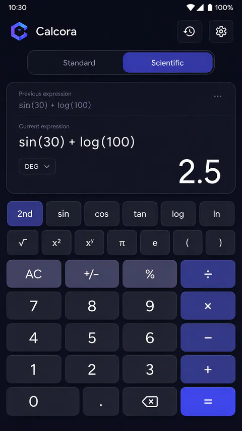 Calcora Scientific mode screen