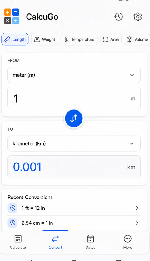 CalcuGo Practical conversions screen