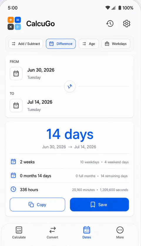 CalcuGo Date toolkit screen