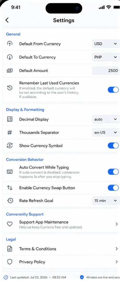 Currexia Browse screen