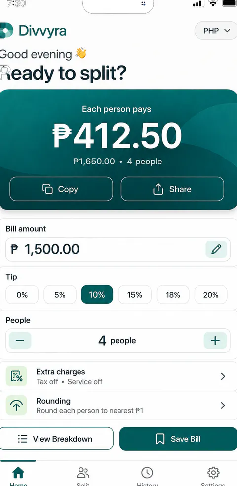 Divvyra Home screen