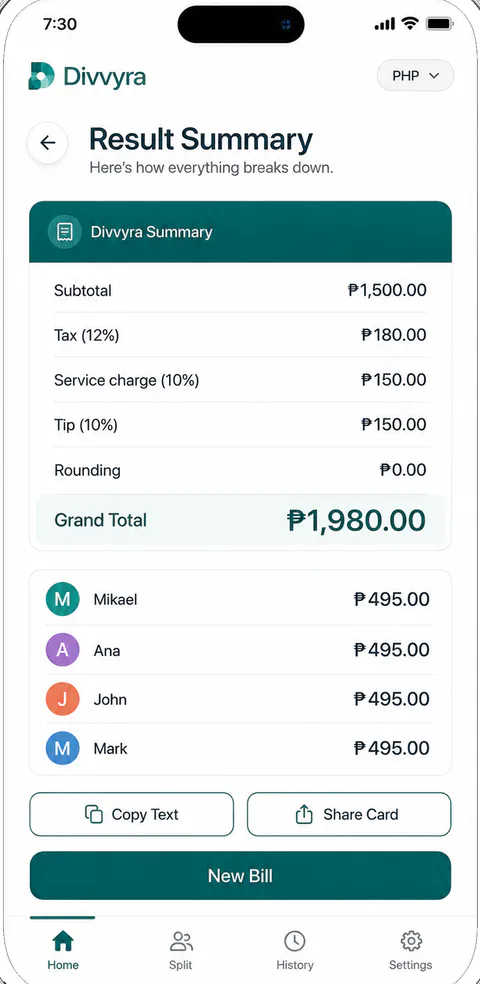 Divvyra Share screen