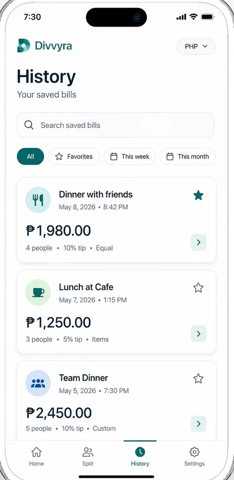 Divvyra Home screen