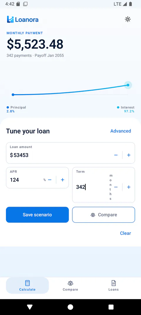 Loanora Loan Calculator screen