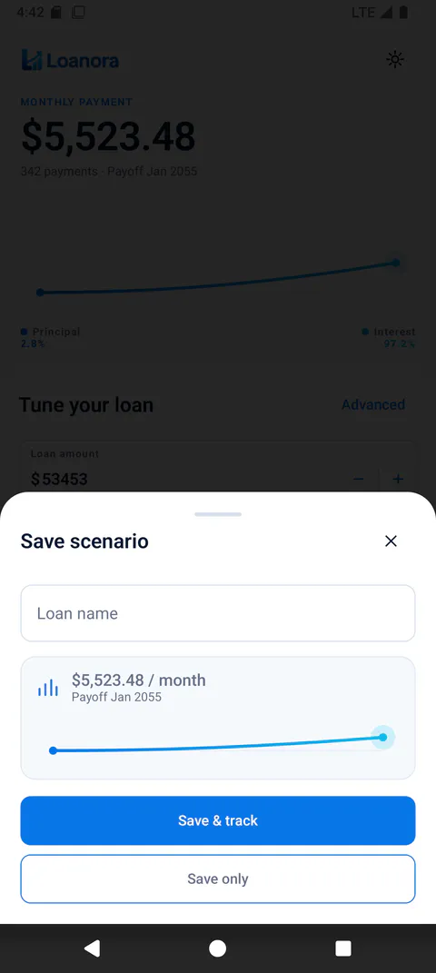 Loanora Scenarios screen