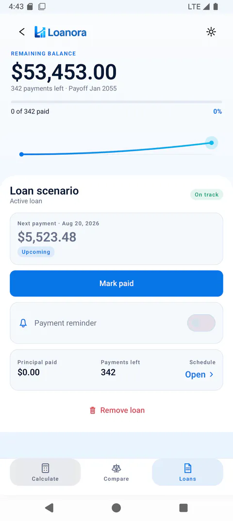 Loanora Home screen