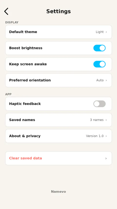 Namevo Browse screen