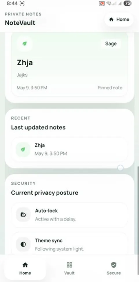 NoteVault Home screen