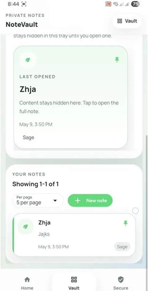 NoteVault Daily trust screen