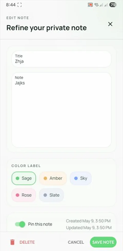 NoteVault Simple ownership screen