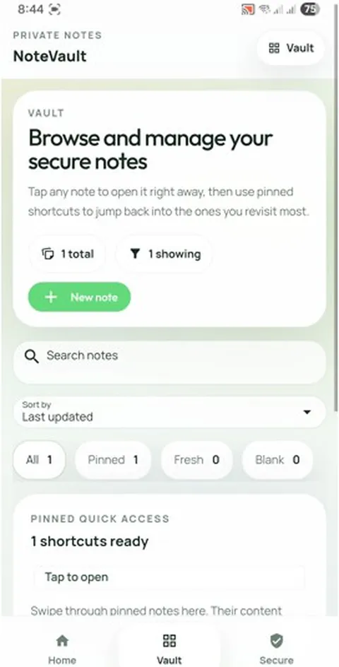 NoteVault Home screen
