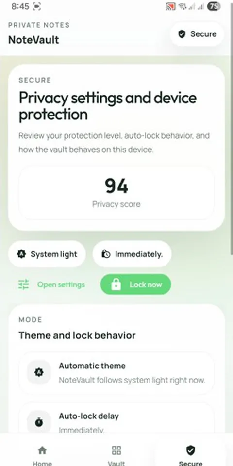 NoteVault Browse screen
