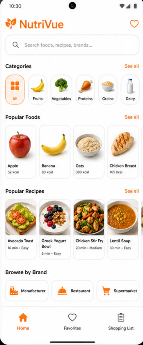 NutriVue Home screen