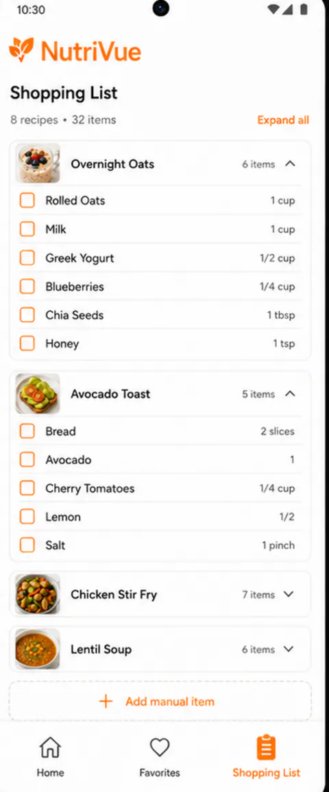NutriVue Browse screen