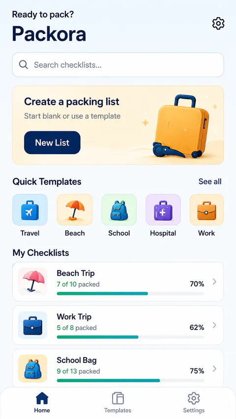 Packora Home screen