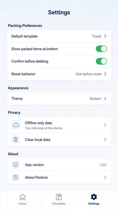Packora Browse screen