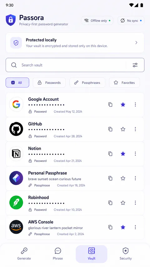 Passora Home screen