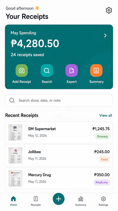 Receipty Home screen
