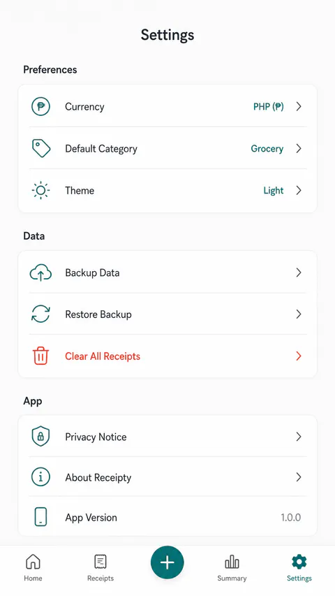 Receipty Browse screen