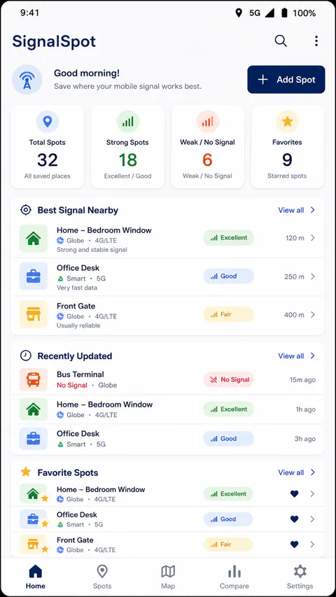 SignalSpot Home screen