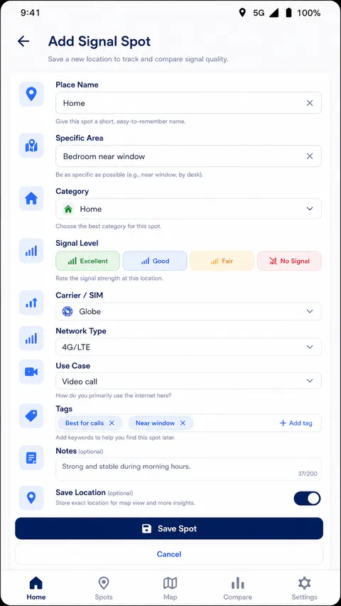 SignalSpot Settings screen