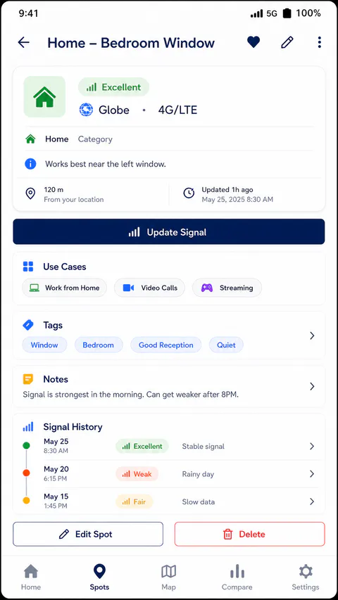 SignalSpot Home screen