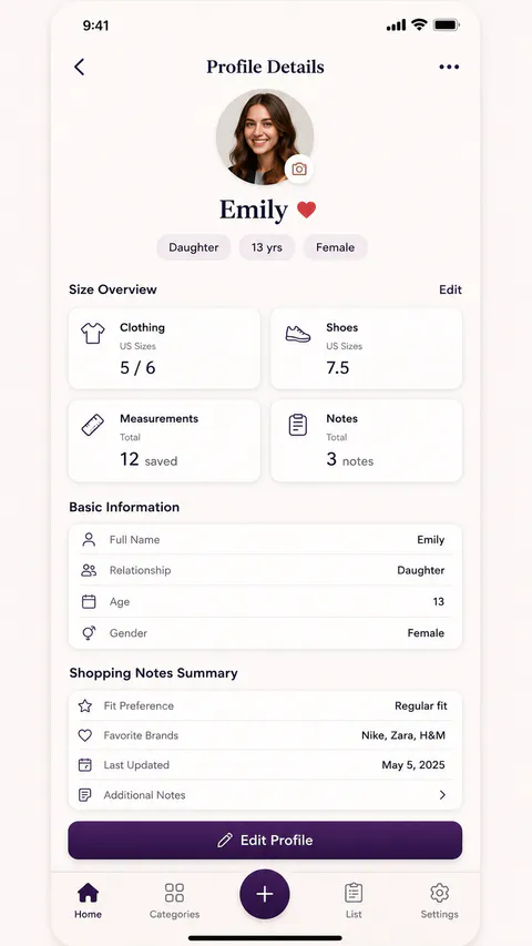 SizeNook Shopping list screen