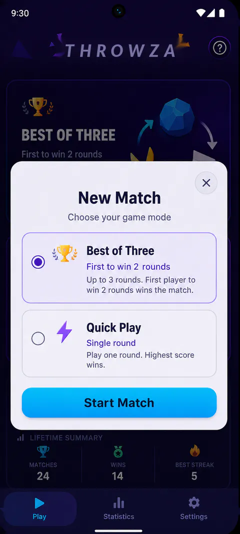 Throwza History screen