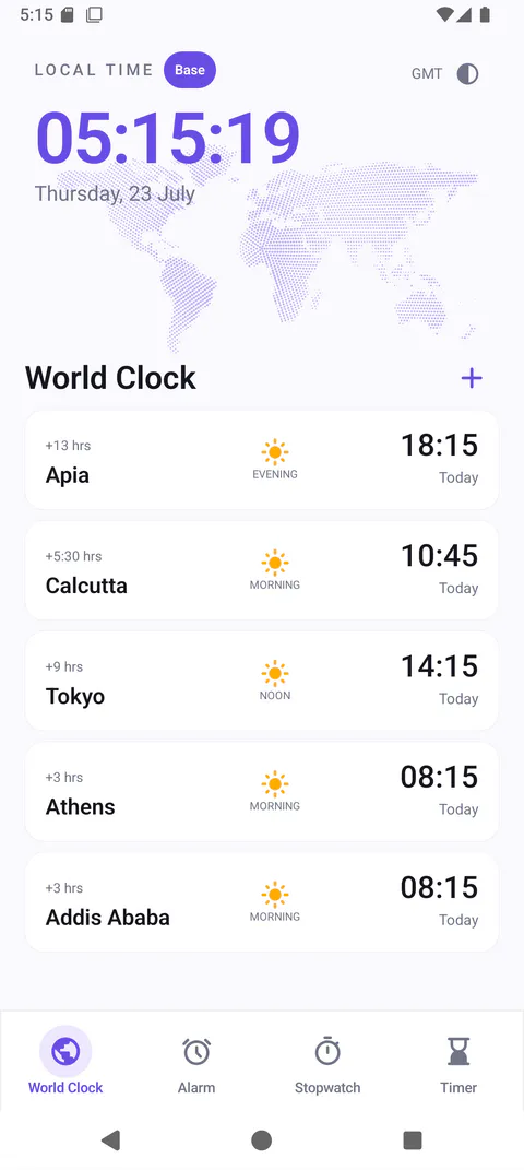 Tickora World Clock screen