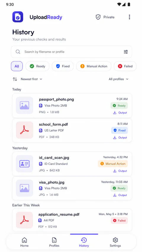 UploadFit Home screen