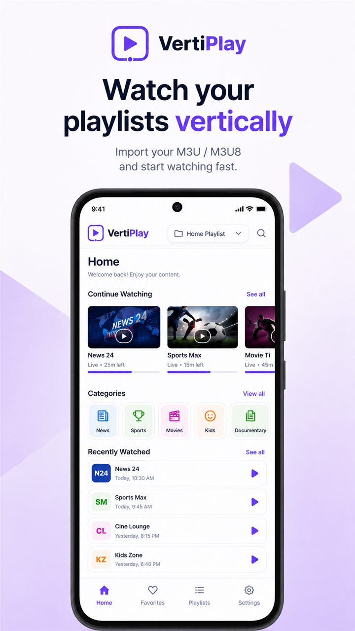 VertiPlay Playlist Home screen
